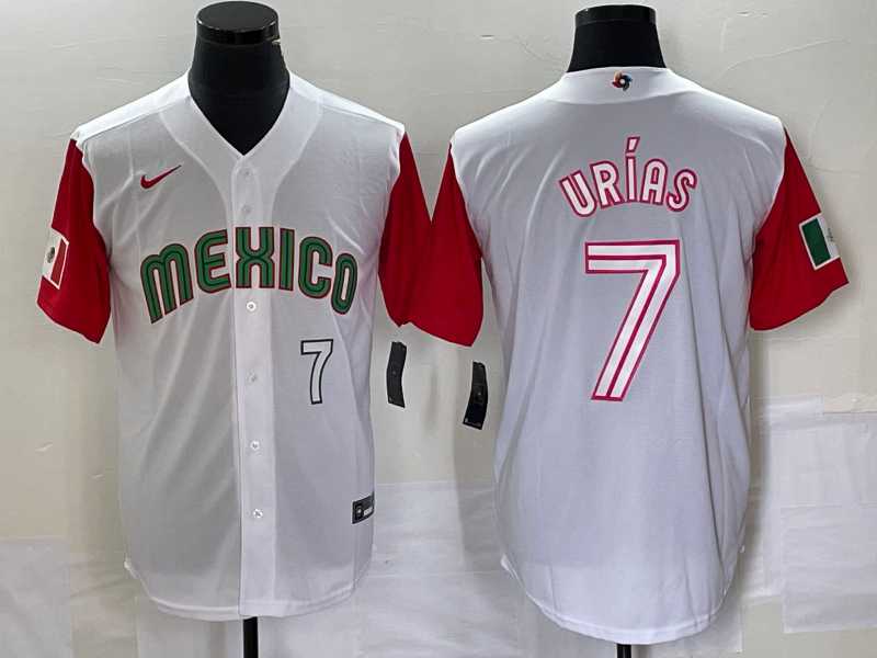 Mens Mexico Baseball #7 Julio Urias Number 2023 White Red World Classic Stitched Jersey 41
